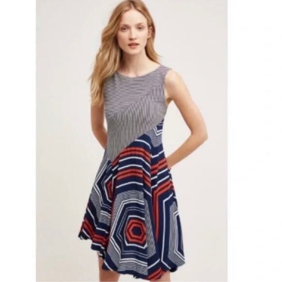 Anthropologie Maeve Cameron Navy Orange Asymmetrical Striped Dress Size Small - Picture 15 of 15